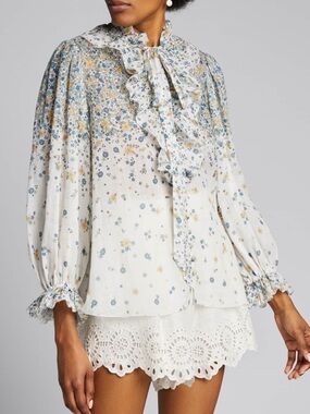 Zimmermann Carnaby Waterfall floral-print ramie blouse Size AUS 3 NWT #Lux-X